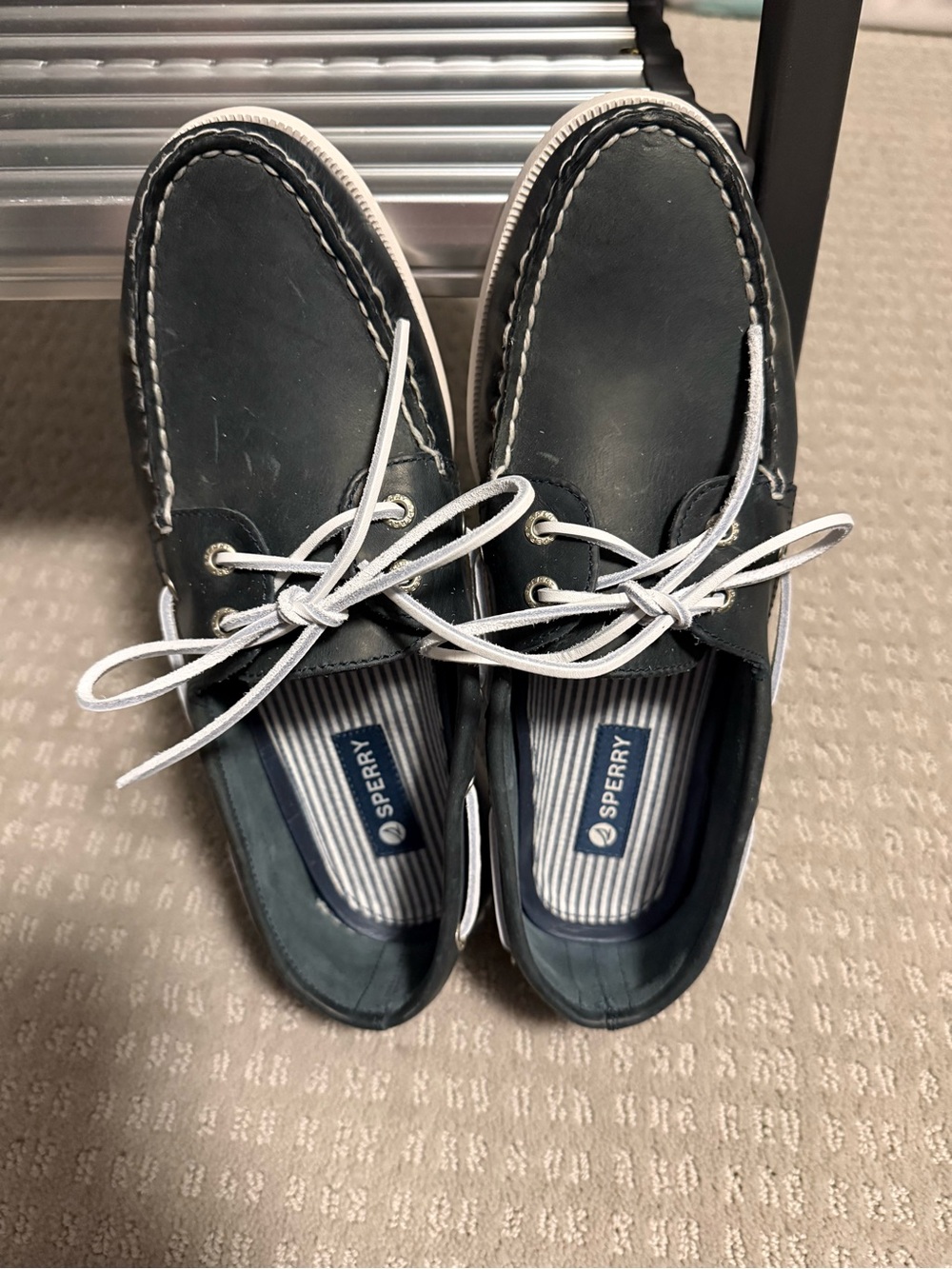 Sperry Topsider- Navy Boat Shoes with White Laces - Picture 7 of 8